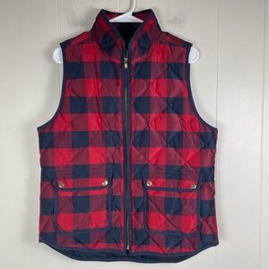 J. Crew Buffalo Plaid Quilted Puffer Vest‎ Women's Size M Red Navy Zip